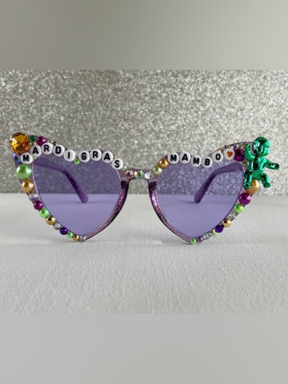 Mardi Gras Mambo Heart Sunglasses with Bead Lettering
